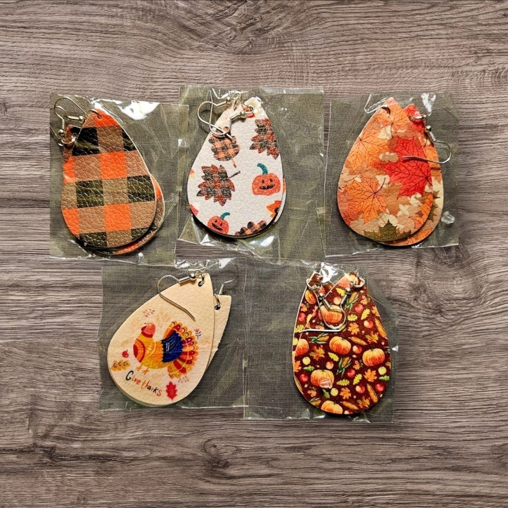 Faux Leather Teardrop Fall/Autumn /Harvest/ Thanksgiving Earrings- Set of 5